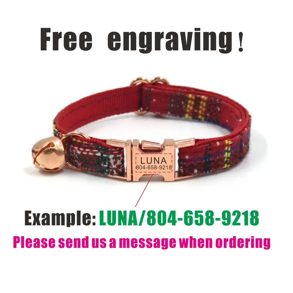 Collar de gato personalizado, contactos de nombre de identificación personalizados, hebilla de metal, collares de gato de terciopelo navideños ajustables con campana - imagen 4