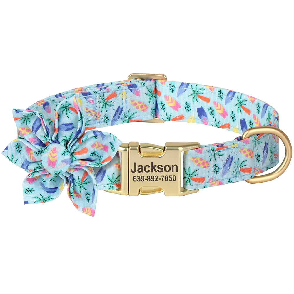 Collar personalizado con hebilla para perro, Collar con estampado de nailon para identificación de mascotas, grabado gratis, accesorio de flores para perros pequeños y grandes - imagen 3