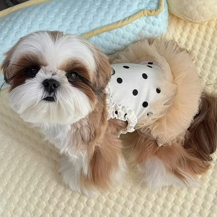 Vestido de malla de primavera para mascotas, vestido de princesa para perros, chaleco elástico de peluche Yorkshire, vestidos para perros pequeños y cachorros - imagen 3