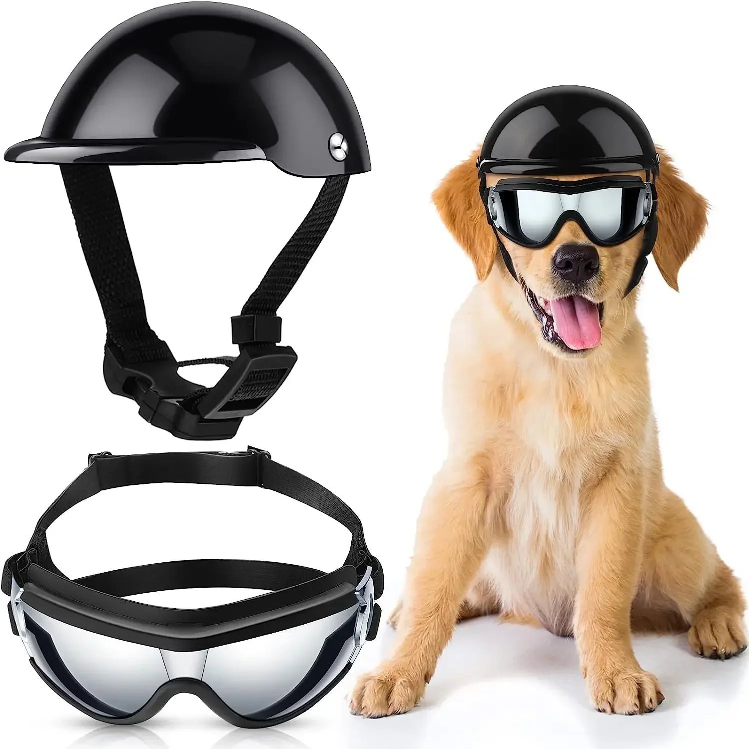 Juego de gafas de sol y casco para mascotas, protección contra el polvo, el viento y los rayos UV, casco y gafas ajustables para perros, casco de motocicleta para perros