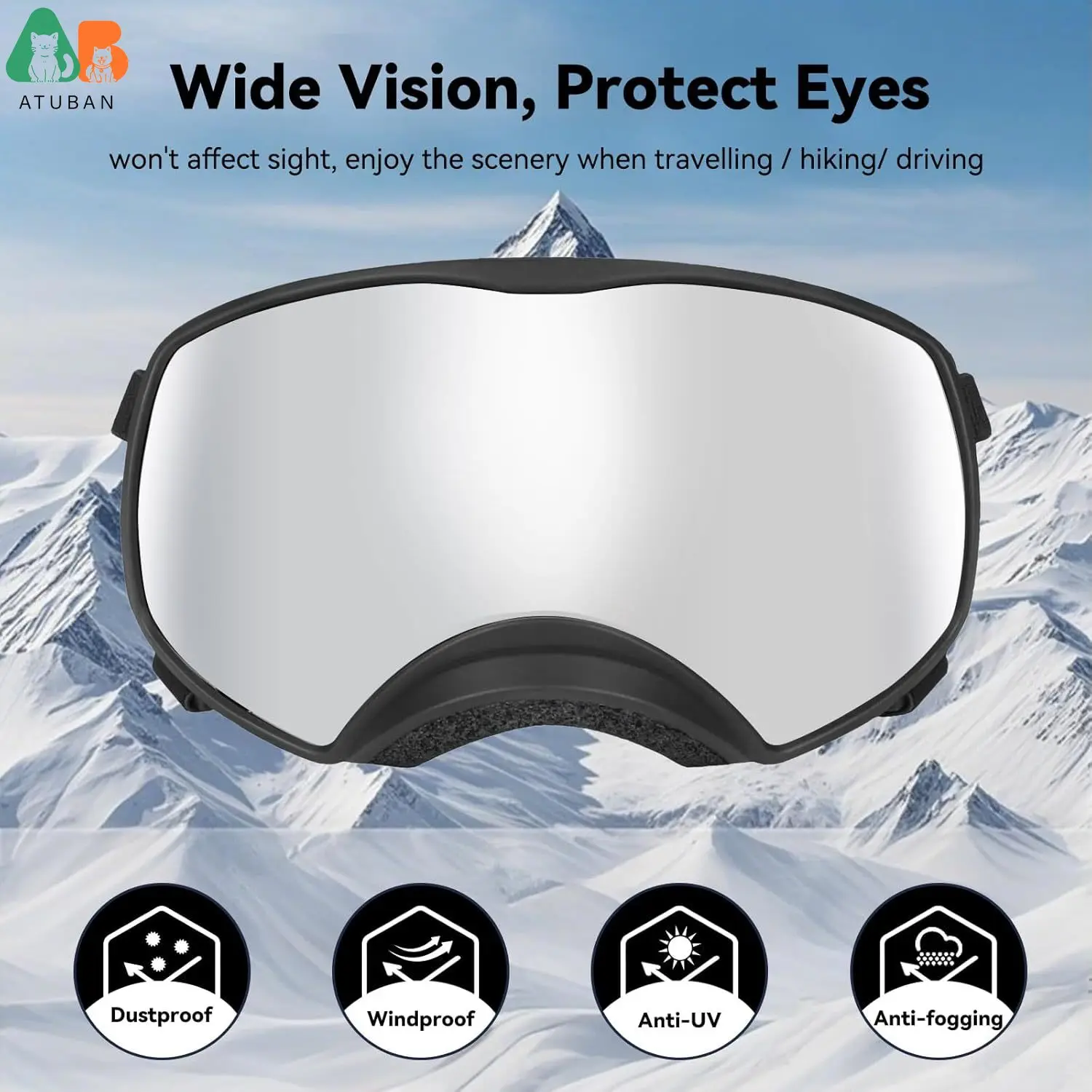 ATUBAN Gafas de sol para perros Protección UV Gafas transparentes para perros Gafas a prueba de viento con correas elásticas para razas grandes, a prueba de viento y polvo - imagen 3