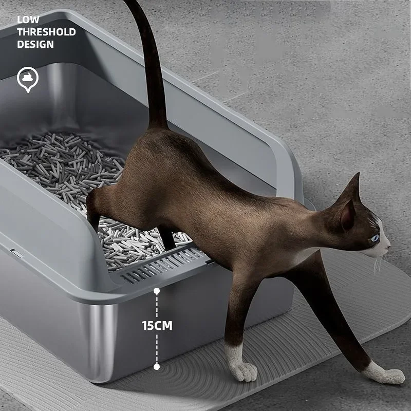 Caja de arena para gatos Extra grande de 60x40, inodoro semicerrado de acero inoxidable para gatos con pala, caja de arena para gatos, producto para mascotas antisalpicaduras - imagen 2