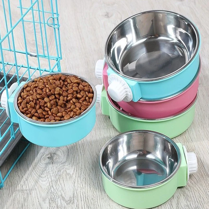 Cuenco colgante de acero inoxidable para perros y gatos, cuenco para comida, jaula colgante anti-arrizo, valla fija para cuencos de agua, suministros para mascotas