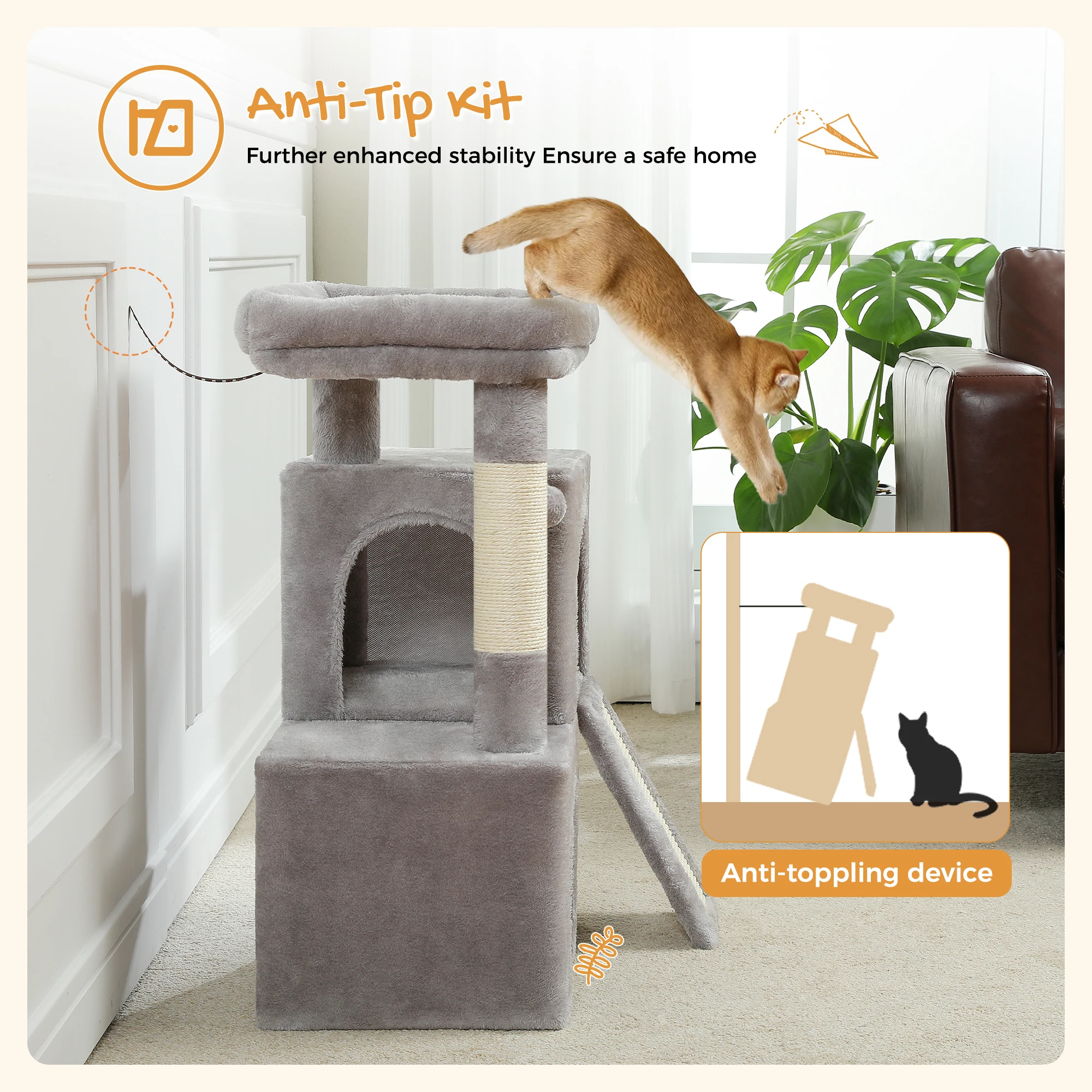 Árbol para gatos pequeño con condominio doble, rampa para rascar de Sisal y postes, percha acolchada, torre para gatos para interior, casa de gato de peluche, cama, juguetes para gatos - imagen 3