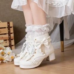 Botas de tacon alto Lolita para mujer con encaje y lazo