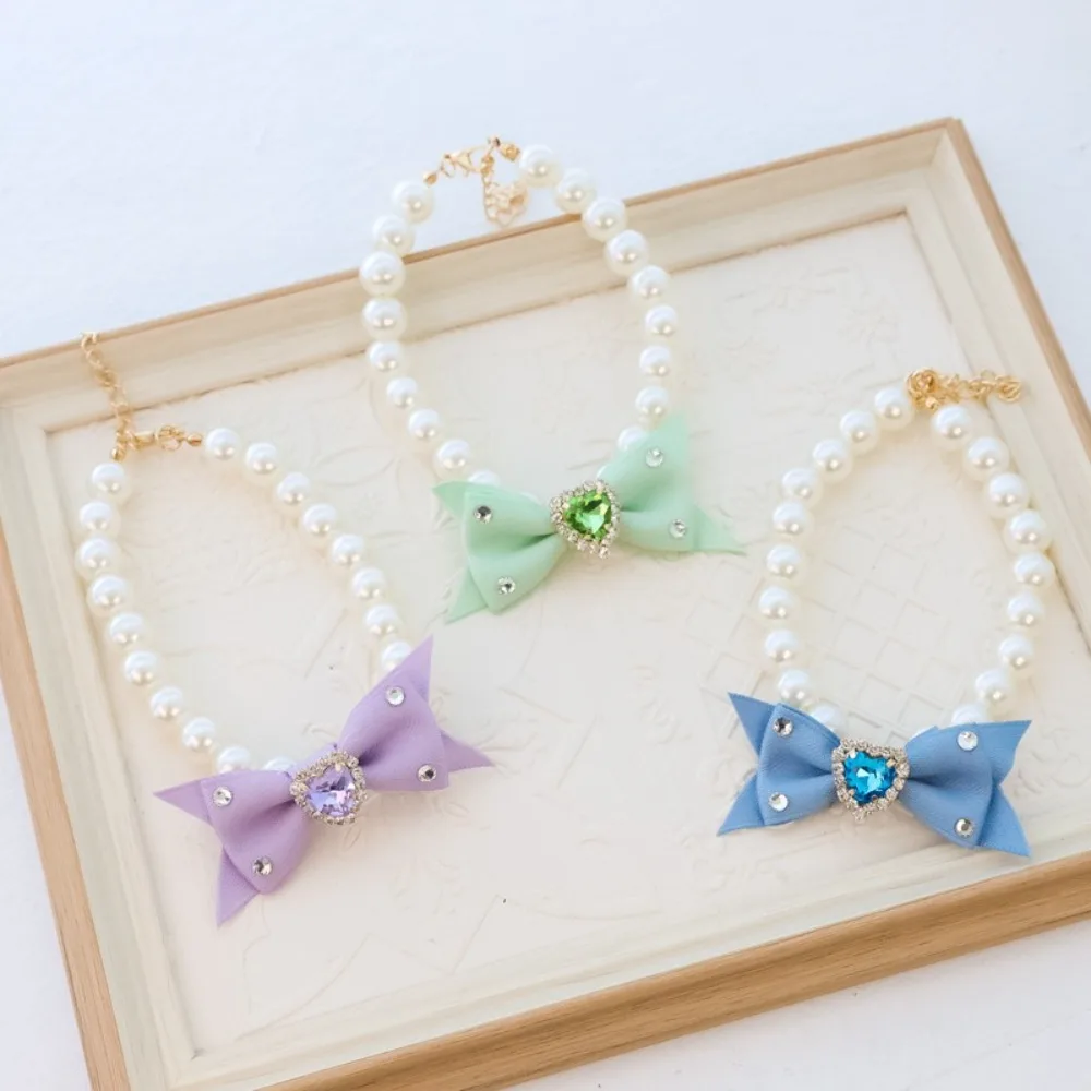 Collar de perlas con lazo vintage corazón strass para gatos y perros - imagen 3
