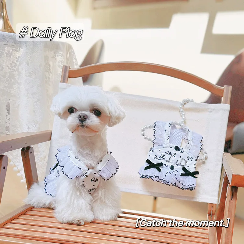 Arnés de verano para perros, arnés de flores blanco y negro, vestido para mascotas, gato, chaleco blanco para cachorros, arnés, Kit de plomo, Chihuahua, Yorkshire Terrier - imagen 3