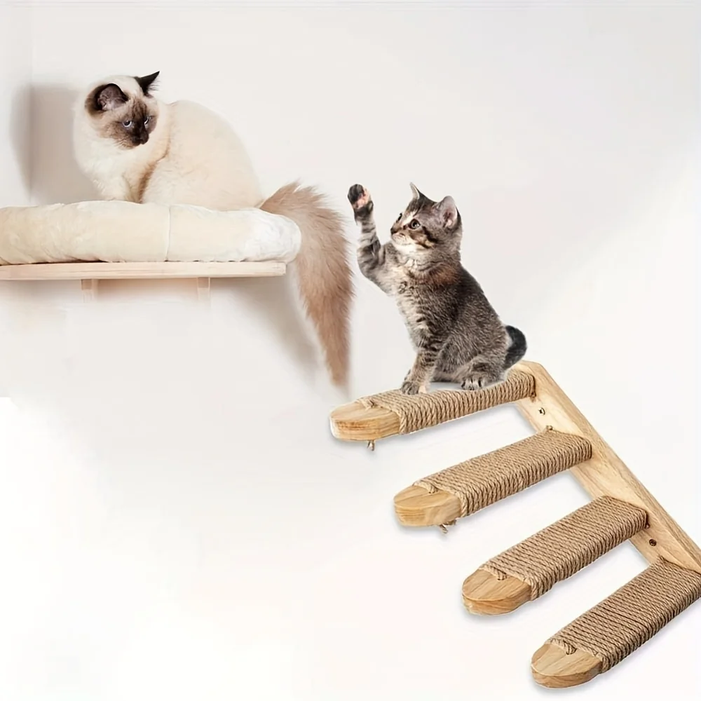 Estantes de pared para gatos de madera maciza de 4 niveles con yute para rascar, muebles de pared para escalar gatos, diseño Vertical que ahorra espacio para gatos de interior - imagen 2