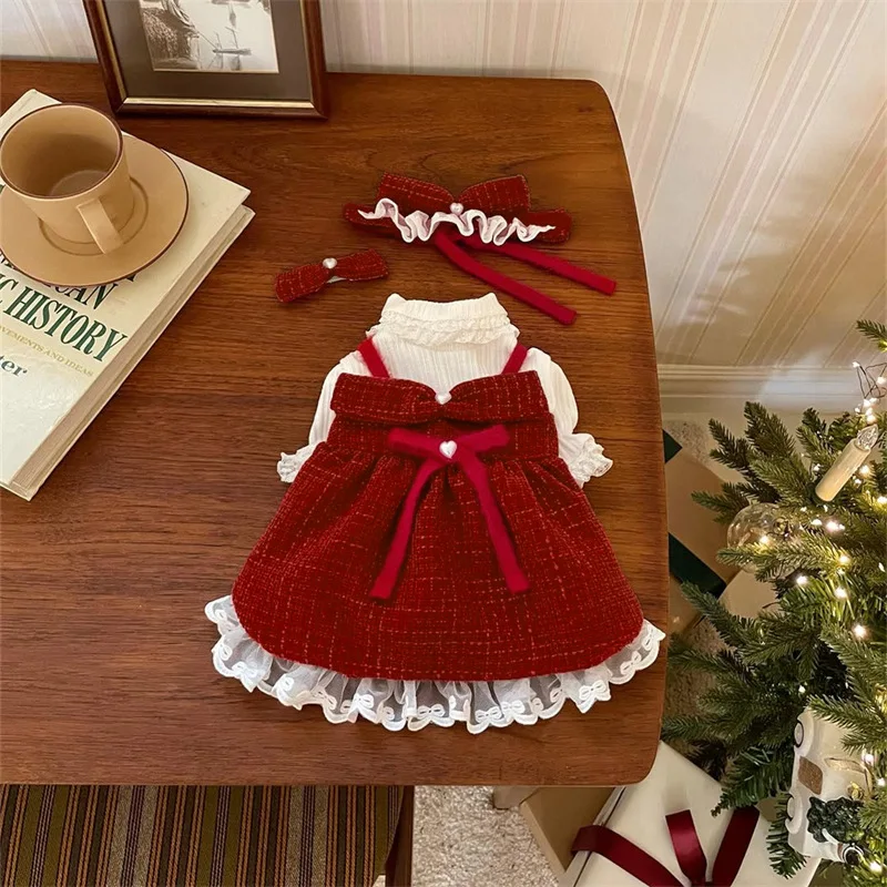 Vestido rojo con lazo para Navidad, Año Nuevo, Otoño/Invierno, abrigo grueso y cálido para gatos, ropa para perros pequeños, ropa para cachorros, regalo