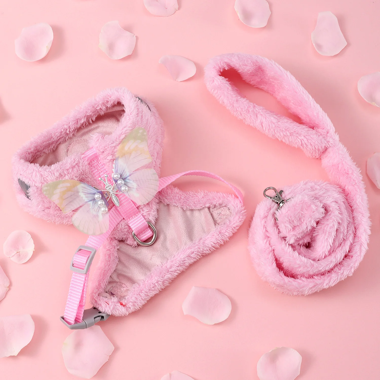 Arnés de perro pequeño cálido para invierno, conjunto de correa, decoración de mariposa, arnés de gato mediano Bejirog, accesorios de correa para perro suave y bonito - imagen 3