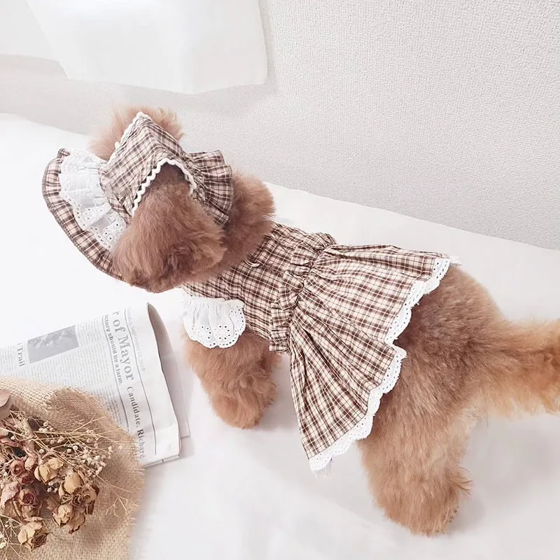 Conjunto de tracción a cuadros para mascotas, vestido con sombrero, princesa a cuadros, cumpleaños, caminar, salir de perros para fotos, conjunto de arnés y correa - imagen 2