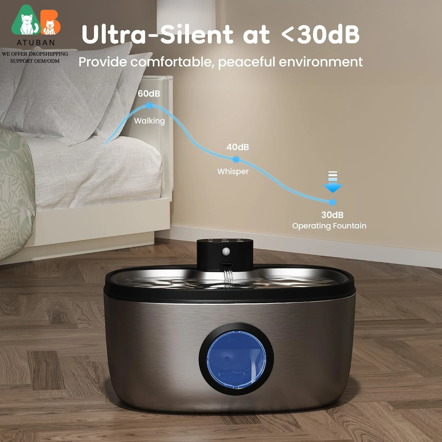 Bebedero inalámbrico acero inox para gatos y perros 5L ultra silencioso - imagen 3