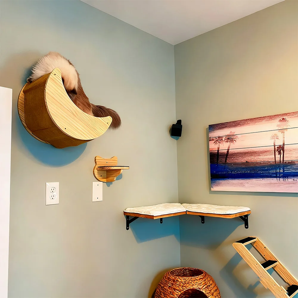 Sistema de escalada para gatos montado en la pared con estantes de madera Cama en forma de luna Plataformas de cara para gatos y escaleras de pared para jugar en gatos en interiores - imagen 3
