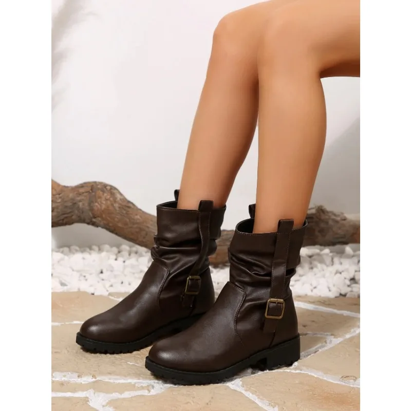 Botas de moto de estilo Retro para mujer, botines cortos ajustados a la moda para invierno y otoño, informales, con punta redonda y tacón medio - imagen 5