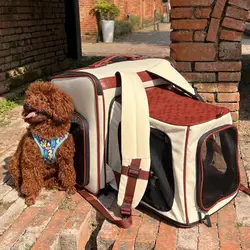 PEDFULED Mochila expandible para mascotas de cuero PU premium Aberturas laterales de doble cara, panel trasero expandible Ideal para gatos y perros pequeños