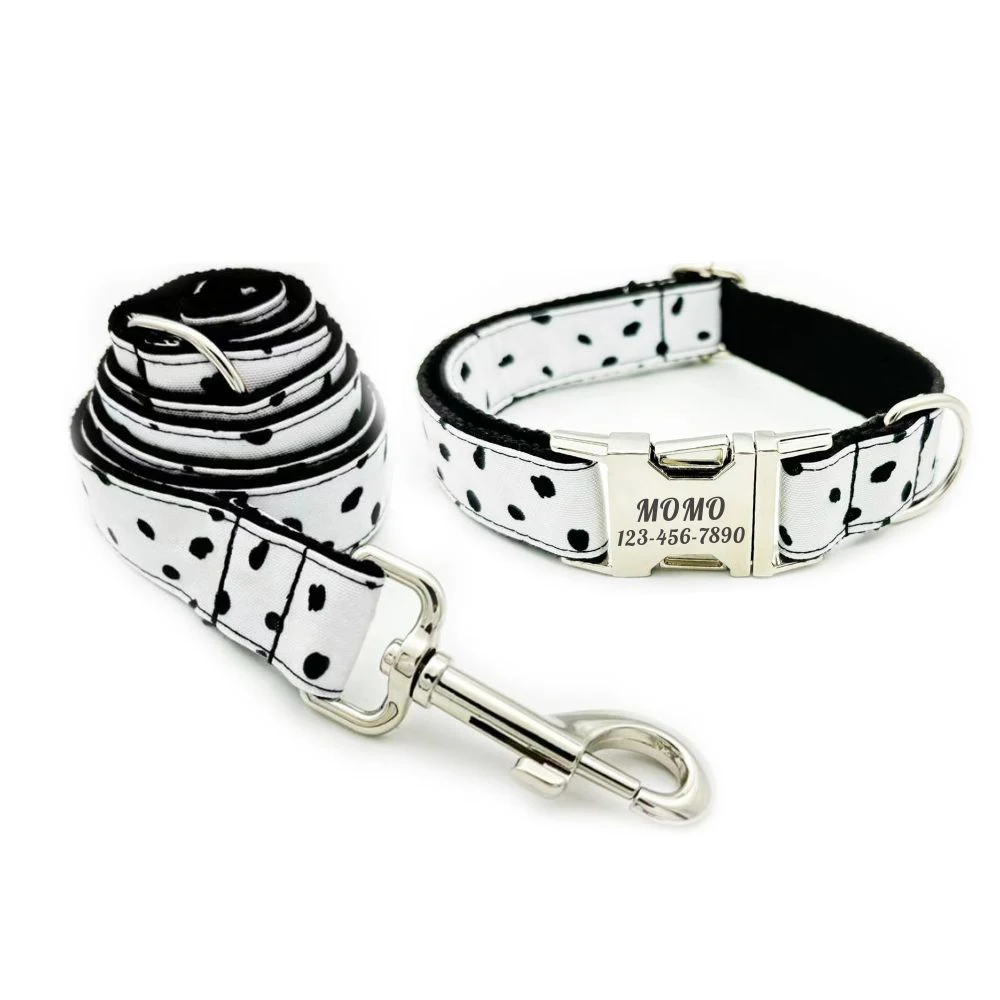 Collar de perro personalizado para mascotas, etiqueta de identificación con grabado gratis, dálmatas para mascotas, correa para cachorros de punto negro