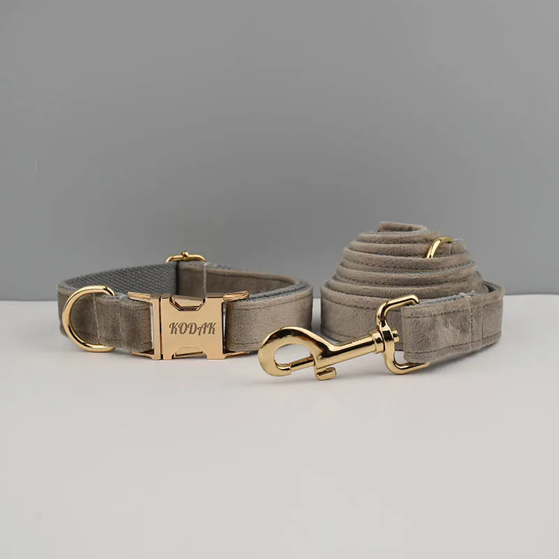 Juego de Collar y correa para perro de terciopelo gris claro para perros, placa con nombre grabada personalizada, suministros para mascotas, correa para perro de terciopelo 12 - imagen 4