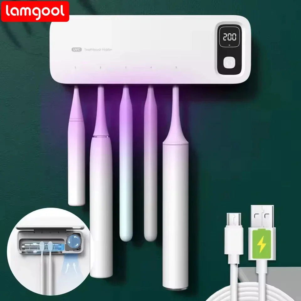 LAMGOOL UV desinfectante de cepillo de dientes esterilizador de cepillo de dientes recargable soporte de cepillo de dientes montado en la pared de secado rápido con pantalla LED - imagen 2