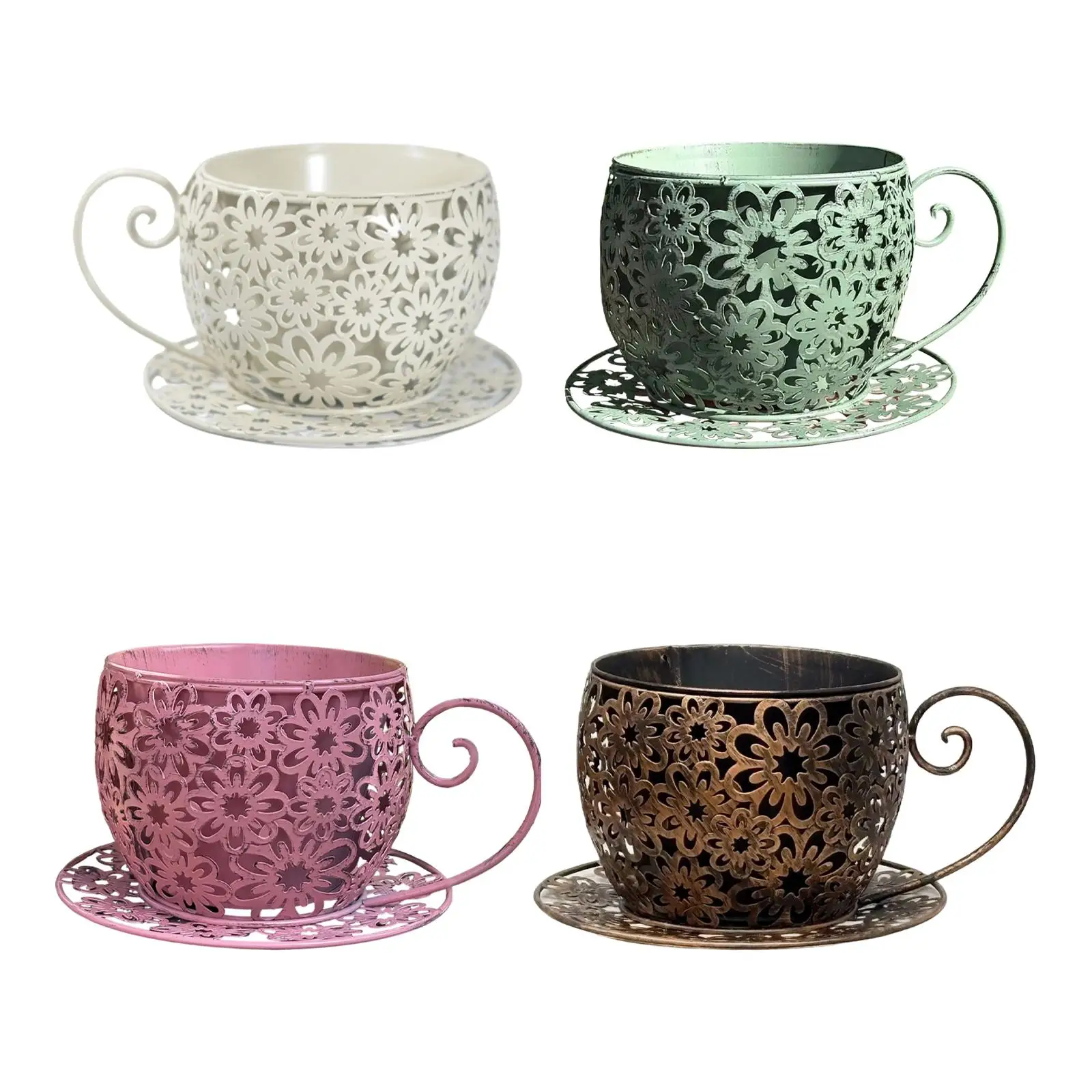 Creative Iron Planter Pot Elegant Teacup Flower Vase Vintage Art Balcony Decor for Indoor Outdoor Use