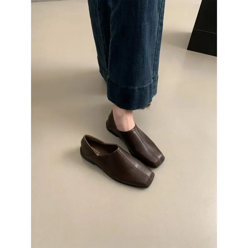 Zapatos planos de cuero con cabeza cuadrada Retro, zapatos planos informales sin cordones de cuero suave para mujer, mocasines de tacón bajo coreanos Sle para Otoño e Invierno - imagen 2