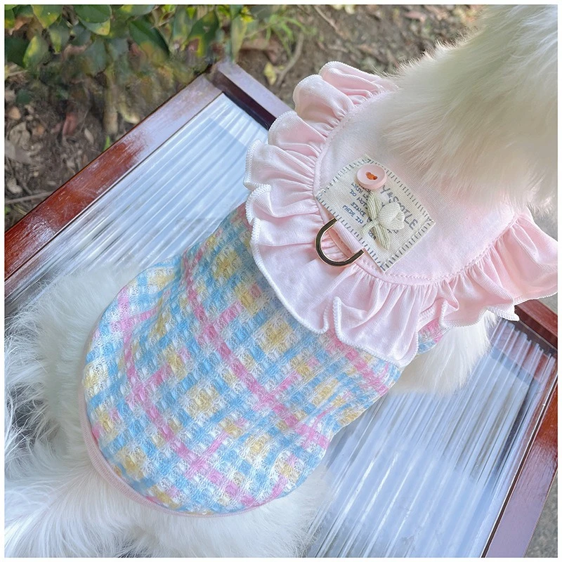 Camiseta sin mangas a cuadros para mascotas, abrigo de peluche elástico Yorkshire, ropa para cachorros, ropa para perros pequeños, primavera y otoño - imagen 3
