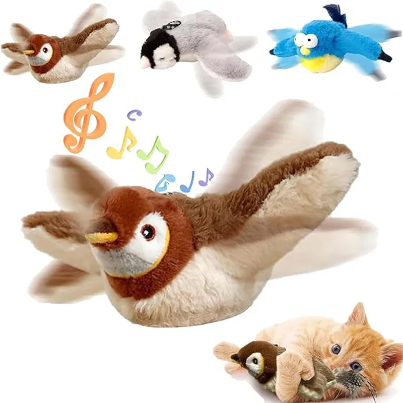 Juguete para perros y gatos con pájaro chirriante simulado, alas aleteadas, juguete para gatos con pájaros, juguete para gatos con pájaros aleteo, juguetes de peluche para gatos para mascotas de interior aburridas