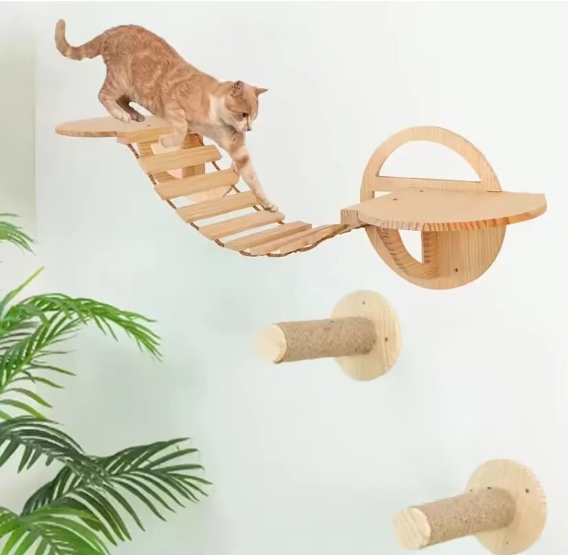 Marco de escalada para mascotas, nido para gatos montado en la pared, poste rascador de Sisal para gatos, plataforma de salto de nubes, madera ecológica - imagen 3