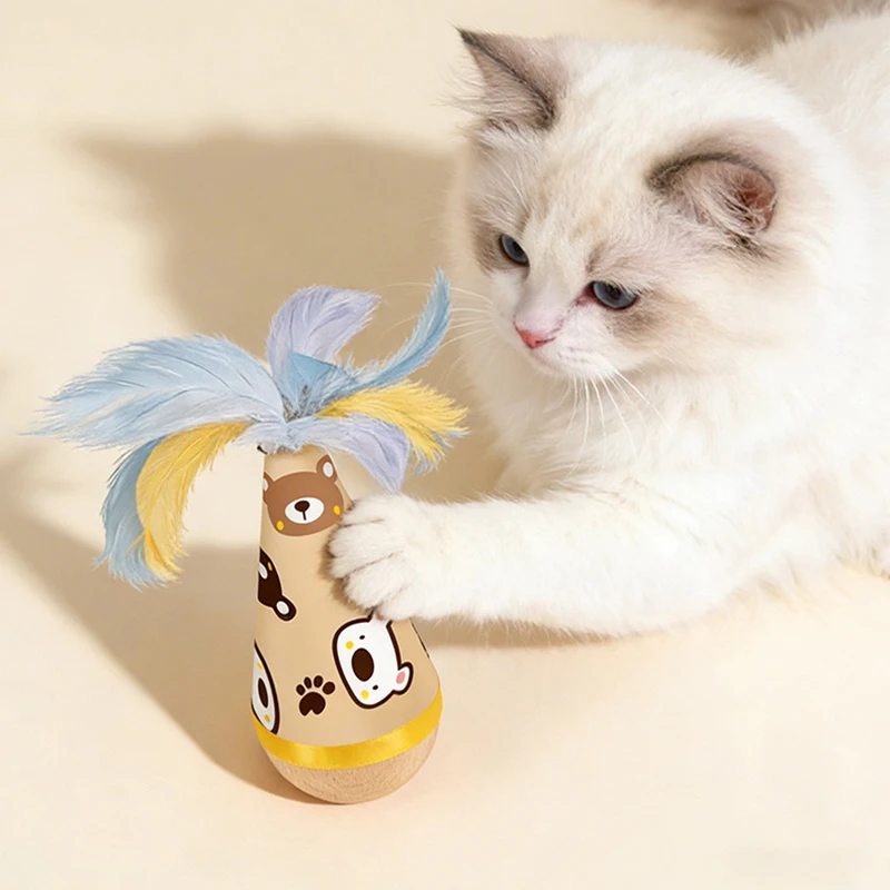 Juguete interactivo con plumas para gatos – Madera dibujos animados - imagen 5