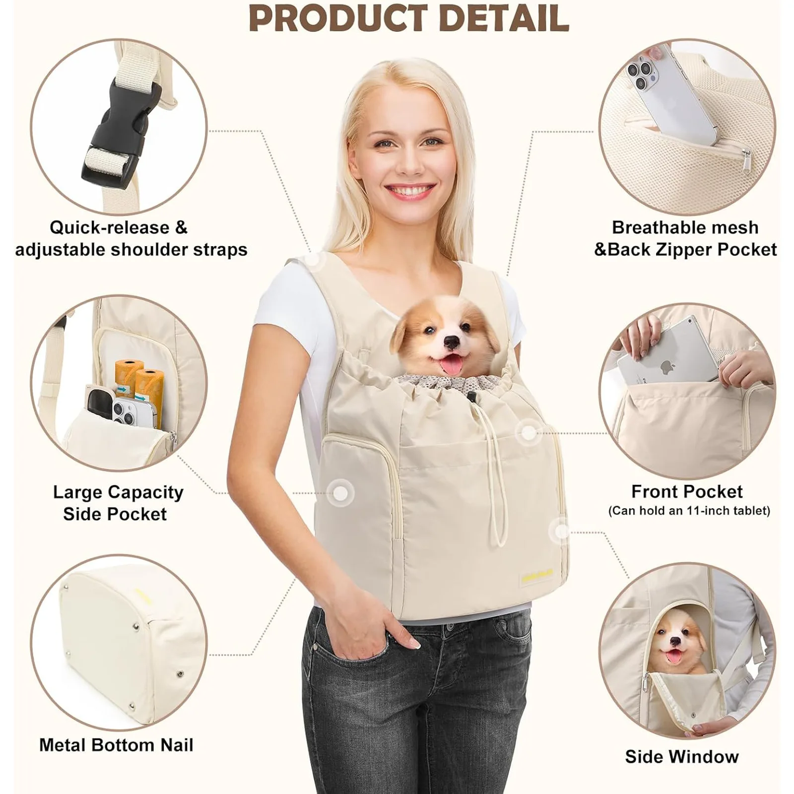 Mochila transportín para gatos y perros – Bolsillo ventral transpirable - imagen 5