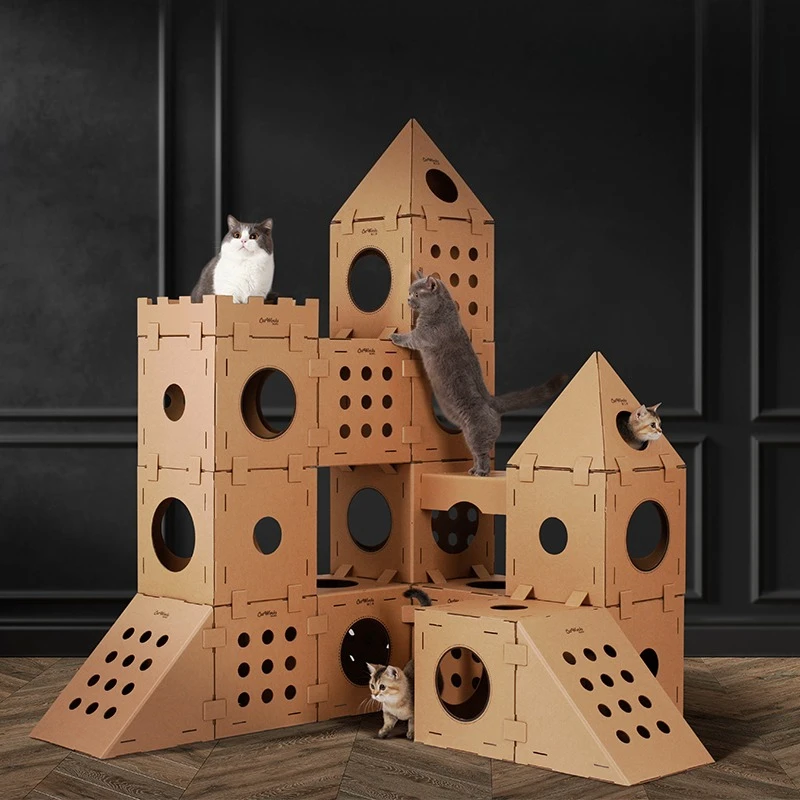 Casa para rascar gatos, raspador de cartón para interiores, árbol para gatos, casa oculta para gatos multicapa, cama para gatos trepadora apilable resistente al desgaste