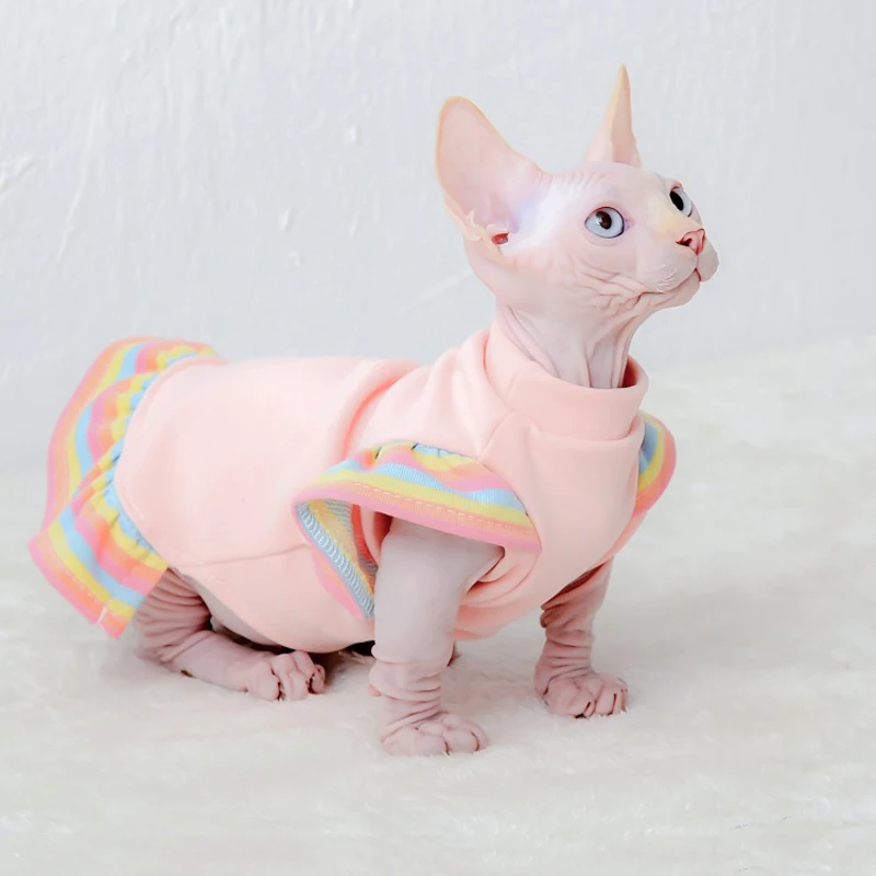 Sphynx Ropa para gatos sin pelo para primavera y otoño, lindo vestido de algodón con mangas con volantes de arcoíris, ropa para mascotas, disfraz, vestido para gato para gatito - imagen 3