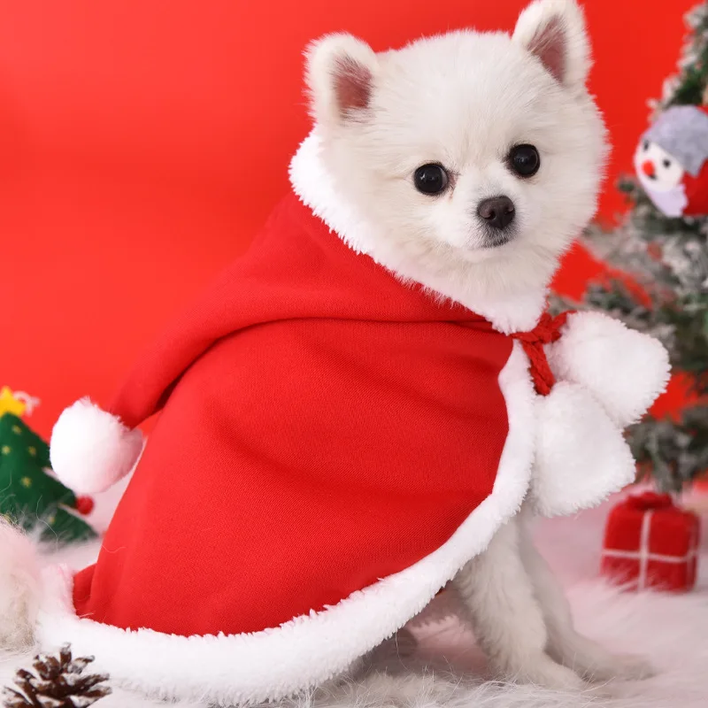 Disfraz navideño de Papá Noel para perros y gatos: sudadera con capucha de alce de felpa suave con capa roja, capa festiva cálida para fiesta de Navidad de mascotas - imagen 3