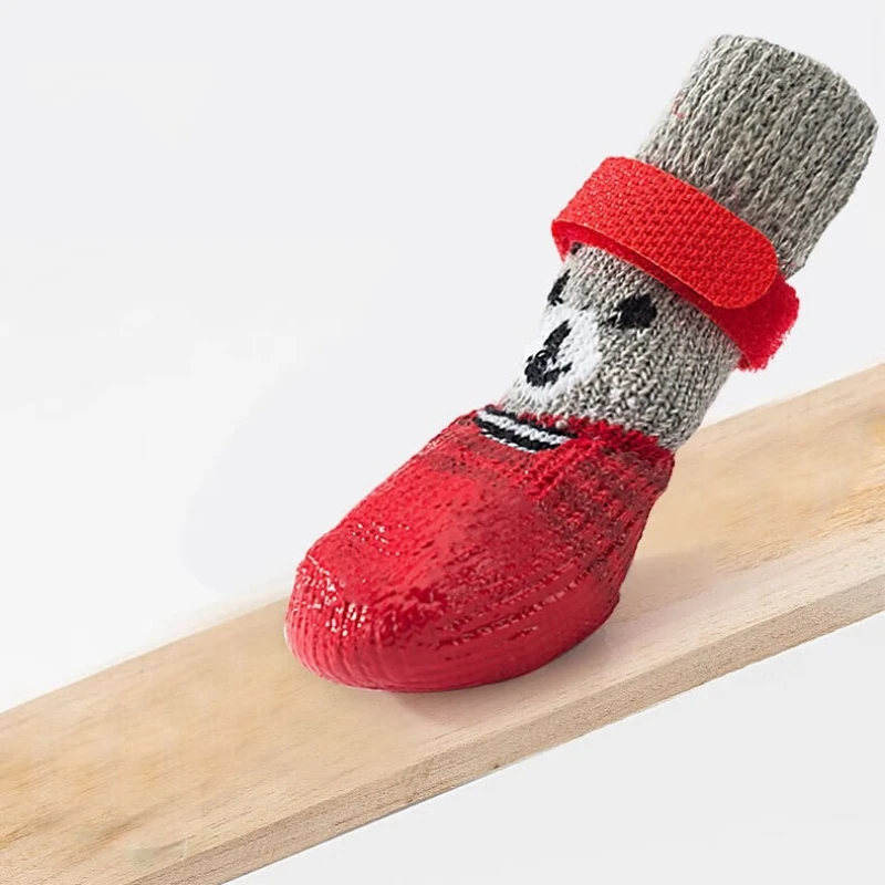 Calcetines de peluche para cachorros y perros, zapatos impermeables para gatos, cubierta para pies antiarañazos, calcetines antisuciedad para mascotas, calcetines cálidos tejidos para perros y gatos pequeños, 4 Uds. - imagen 4