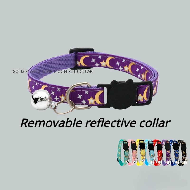Collar para mascotas gato perro Color dorado estrellas y luna Collar para mascotas con campana y Material PP hebilla de seguridad reflectante separada sólida segura