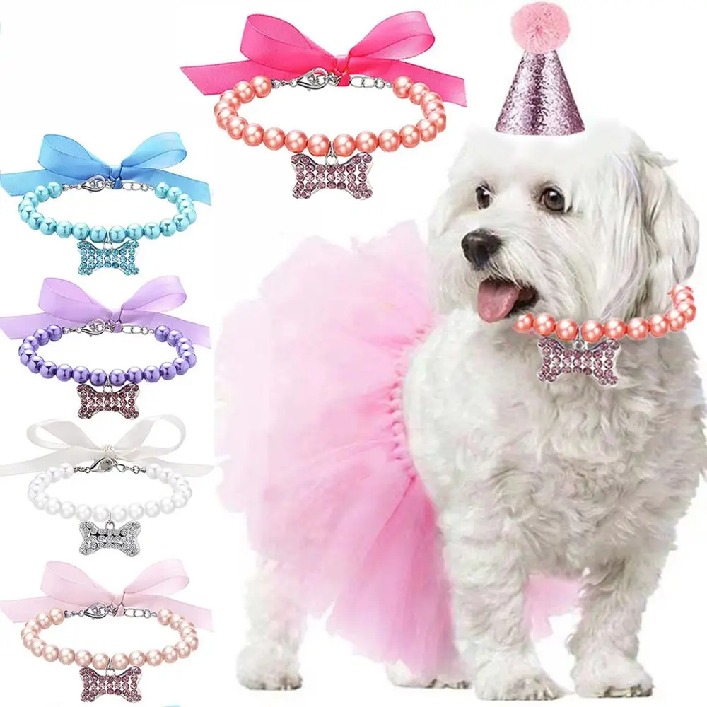Collar de perlas de imitación para perro, accesorio bonito para cachorros, joyería para perros, huesos de perro, perros grandes, gatos, 5 colores - imagen 5