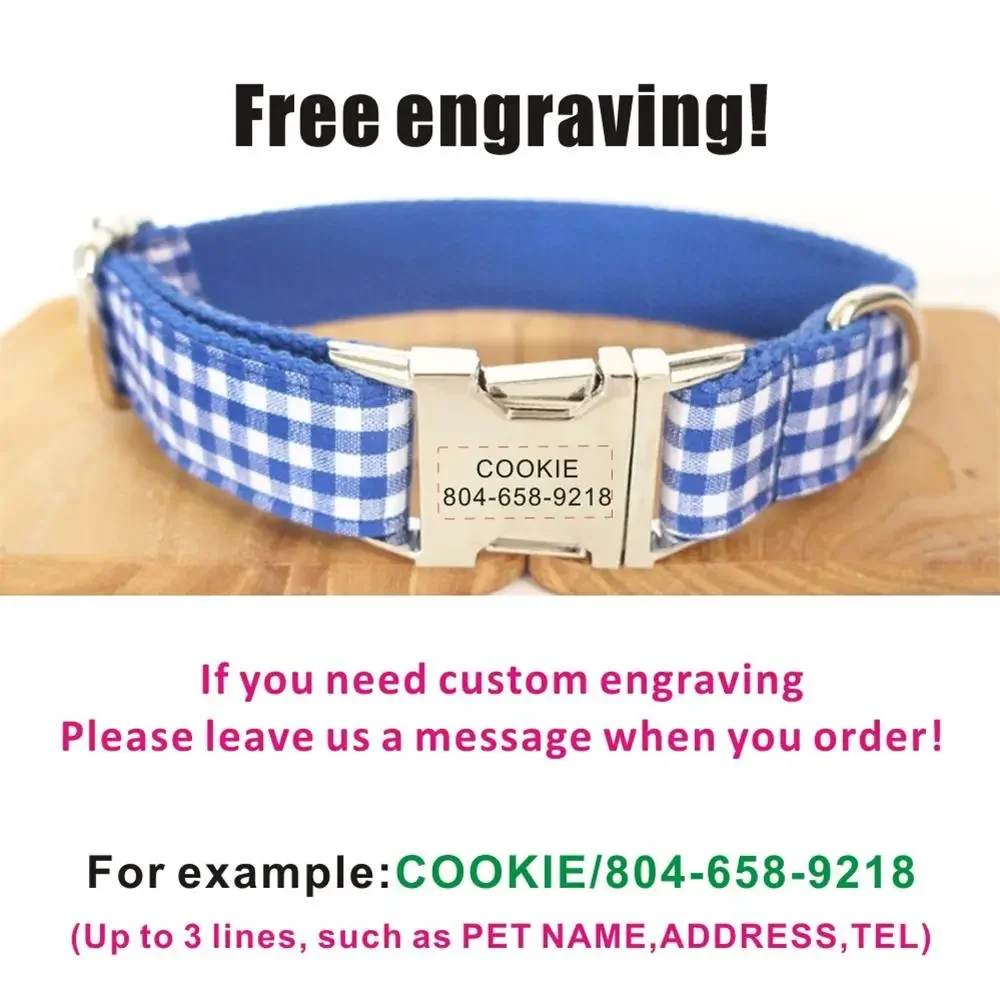 Collar de perro personalizado con grabado personalizado para mascotas, placa de identificación, accesorio para mascotas, correa para cachorros a cuadros azul y blanco - imagen 4