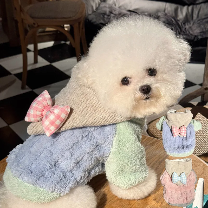 Sudadera con capucha de felpa para mascotas, Sudadera con capucha con lazo a cuadros, abrigo Schnauzer para perros pequeños y gatos, ropa para cachorros, ropa para perros pequeños - imagen 3