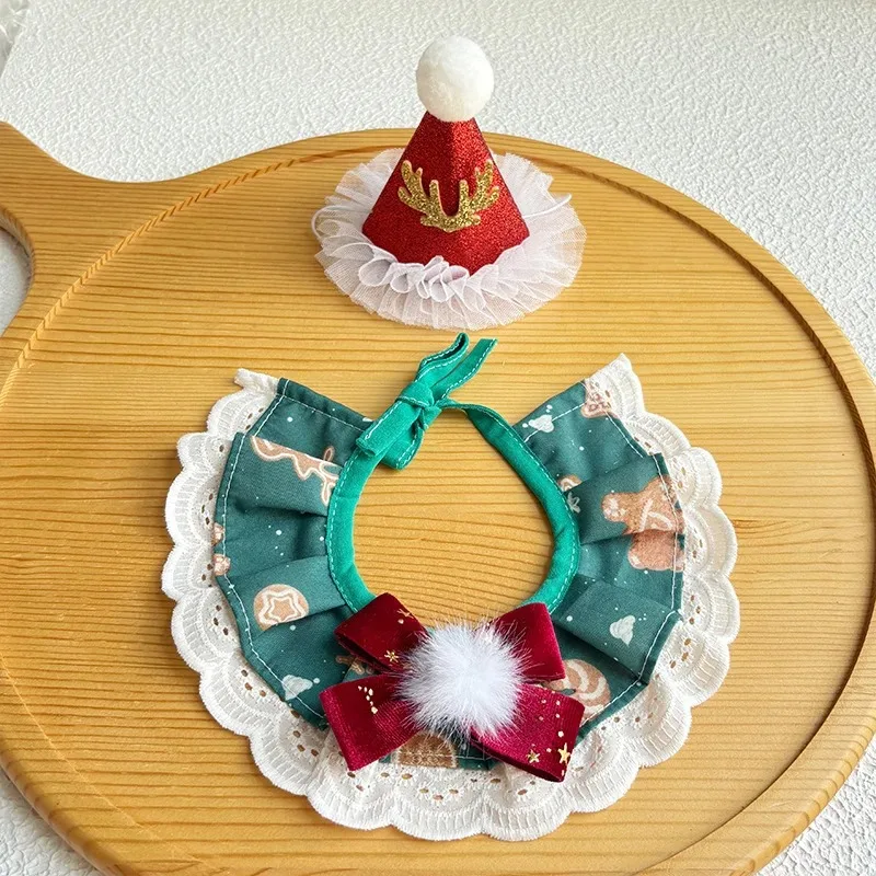 Pañuelo de Navidad para mascotas, Collar con bola de pelo, sombrero, conjunto de Navidad para gatos, bufanda de agua para perros, bufanda roja y verde, accesorios para cachorros - imagen 5