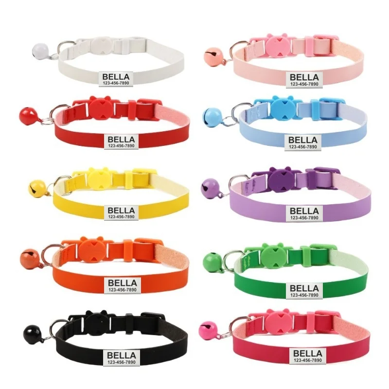Collar de gato de liberación rápida personalizado, Collar con etiqueta de nombre de identificación de cuero PU suave, Collar ajustable para gatos y perros pequeños