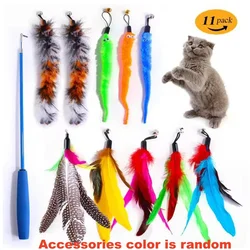 Varita para gatos con cabezal de repuesto de plumas de juguete de peluche, varilla extensible, juego de juguetes para masticar autónomos para gatos