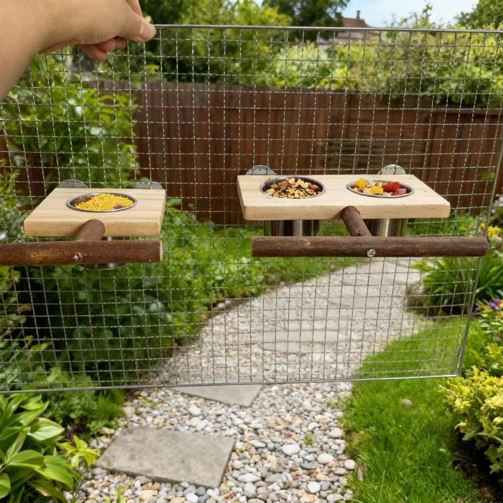 Soporte de madera con comedero para loro – Acero inoxidable - imagen 4