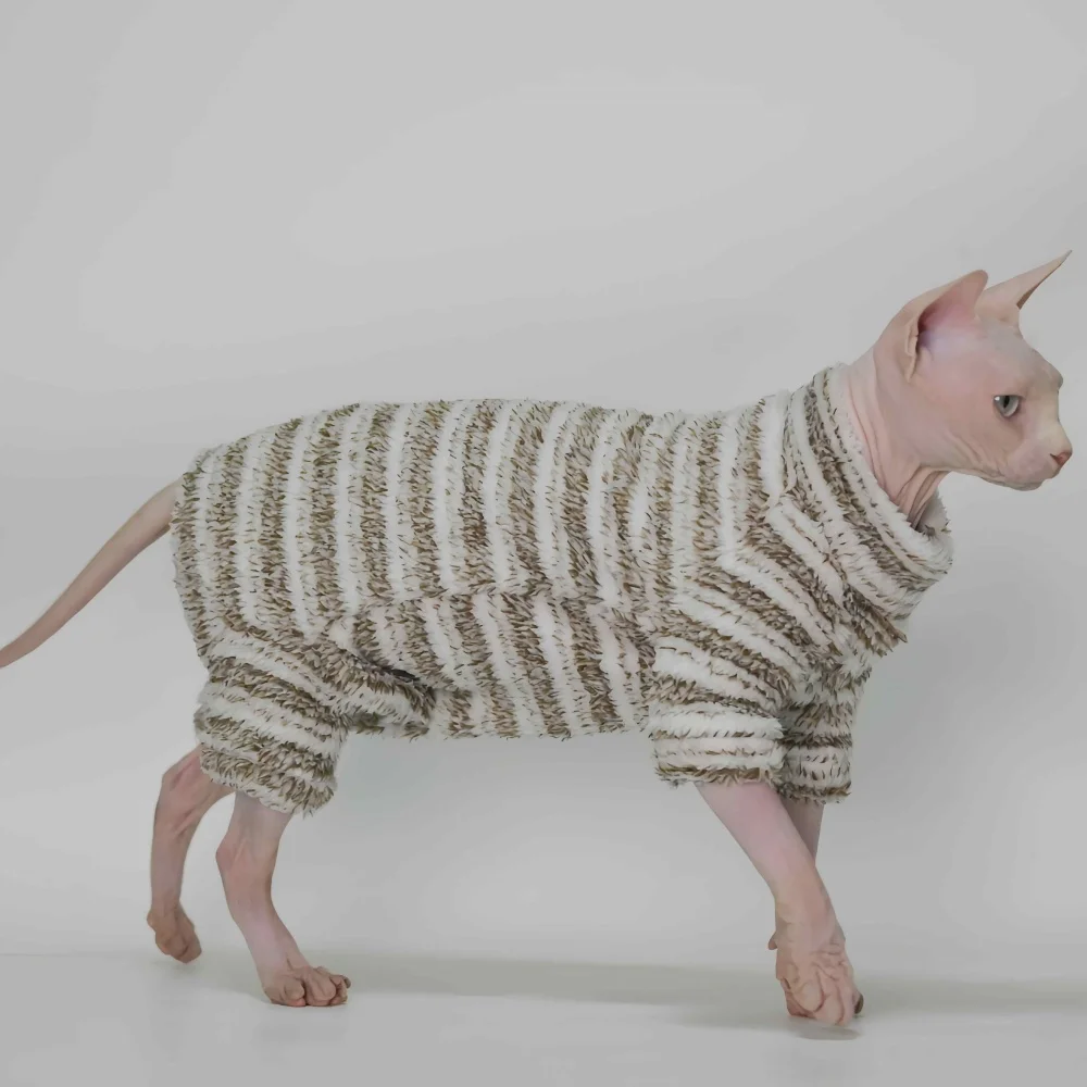 Suéter de invierno de cuello alto para gato esfinge, abrigo verde claro cálido de 4 patas para gatitos Devon Rex, ropa de descanso a rayas gruesas para otoño - imagen 4