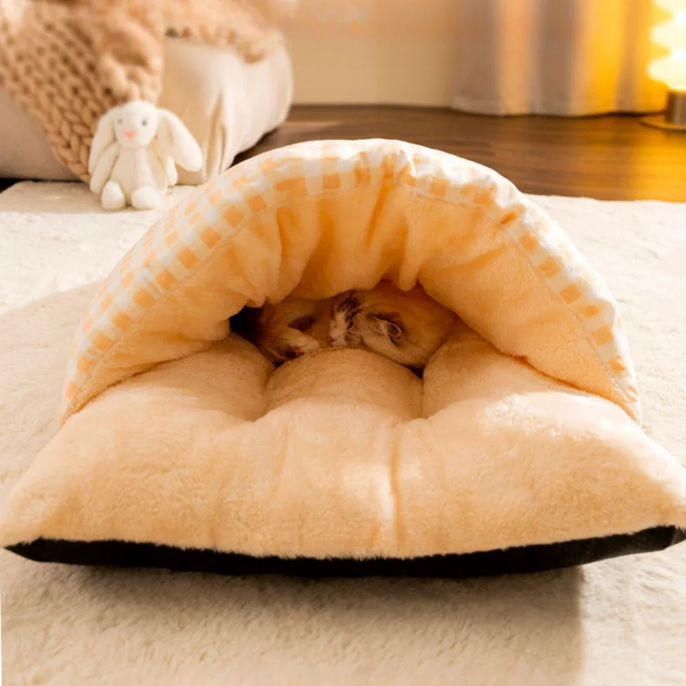 Cama cálida semicerrada para gatos, saco de dormir extraíble para mascotas, cama para perros, cojín nido para gatos con almohada, cojín para perros y gatos, suministros para gatos - imagen 4