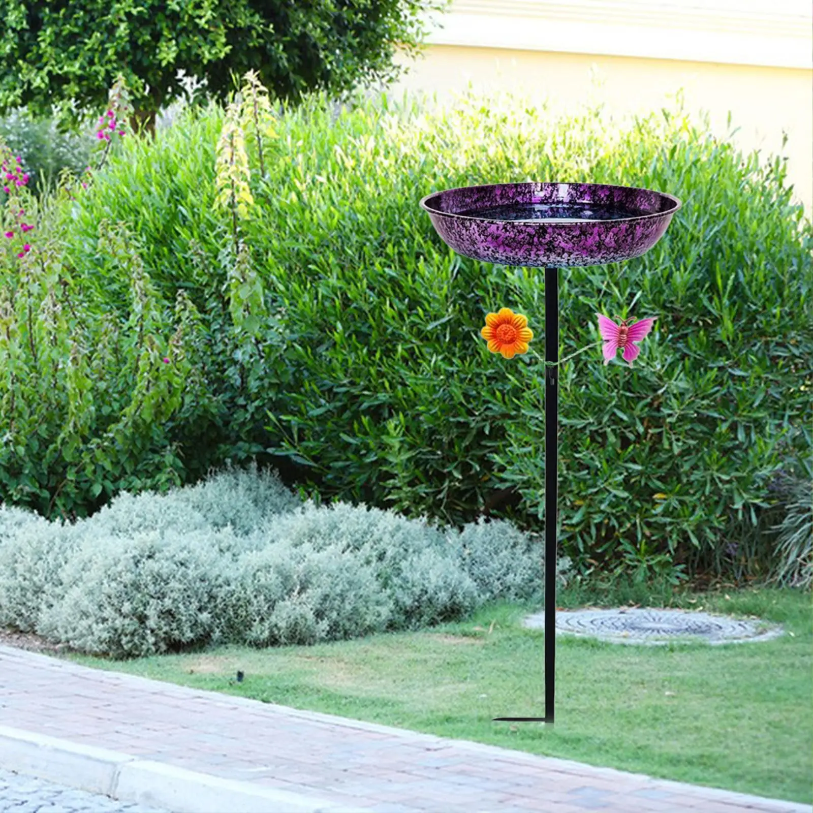 Cuenco de baño para pájaros, decorativo de Metal, resistente, para exteriores, comedero para pájaros con estaca para patio, patio trasero, decoración exterior - imagen 2