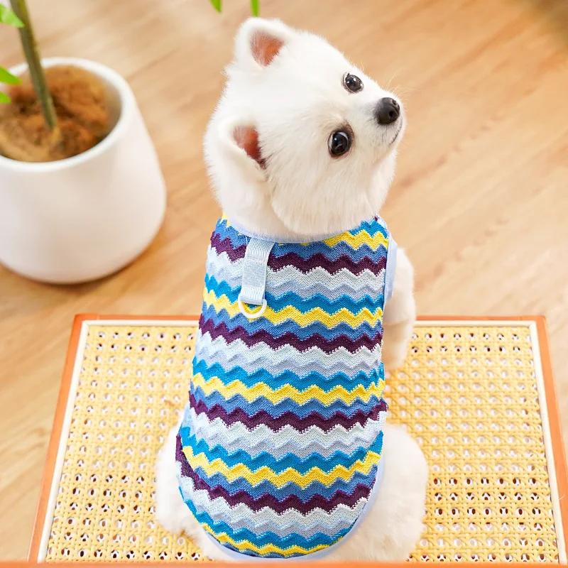 Ropa de malla para perros, chaleco con capucha a rayas rosas y azules, camisa para perros pequeños, Chihuahua Yorkie, sudadera sin mangas para mascotas, chaleco para cachorros - imagen 3
