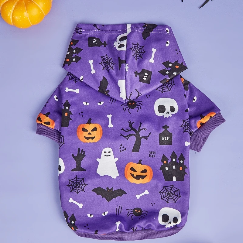 Sudadera con capucha de Halloween para mascotas con estampado de calabaza, murciélago y calavera, sudadera con capucha morada, disfraces para perros pequeños, sudaderas con capucha para mascotas, ropa cálida para mascotas - imagen 4