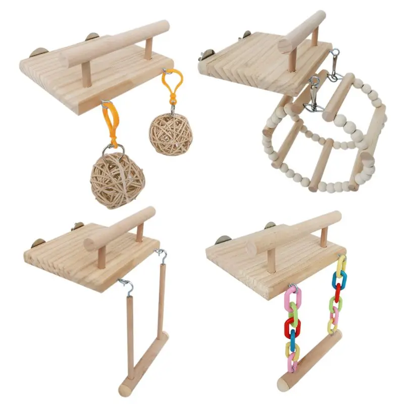 Perchas de madera para pájaros y loros, jaula de juguetes para hámster, soporte de gimnasio con trampolín de madera, juguete de combinación, columpio, accesorios de bola de ratán - imagen 5