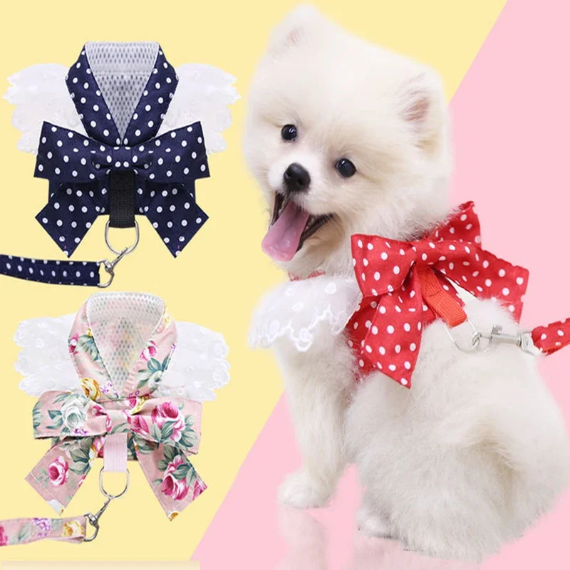 Vestido para perro, pajarita, arnés, conjunto de correa para perros pequeños, gatos, niñas, cachorros, conejitos, ropa, Chihuahua, Yorkies, trajes para mascotas