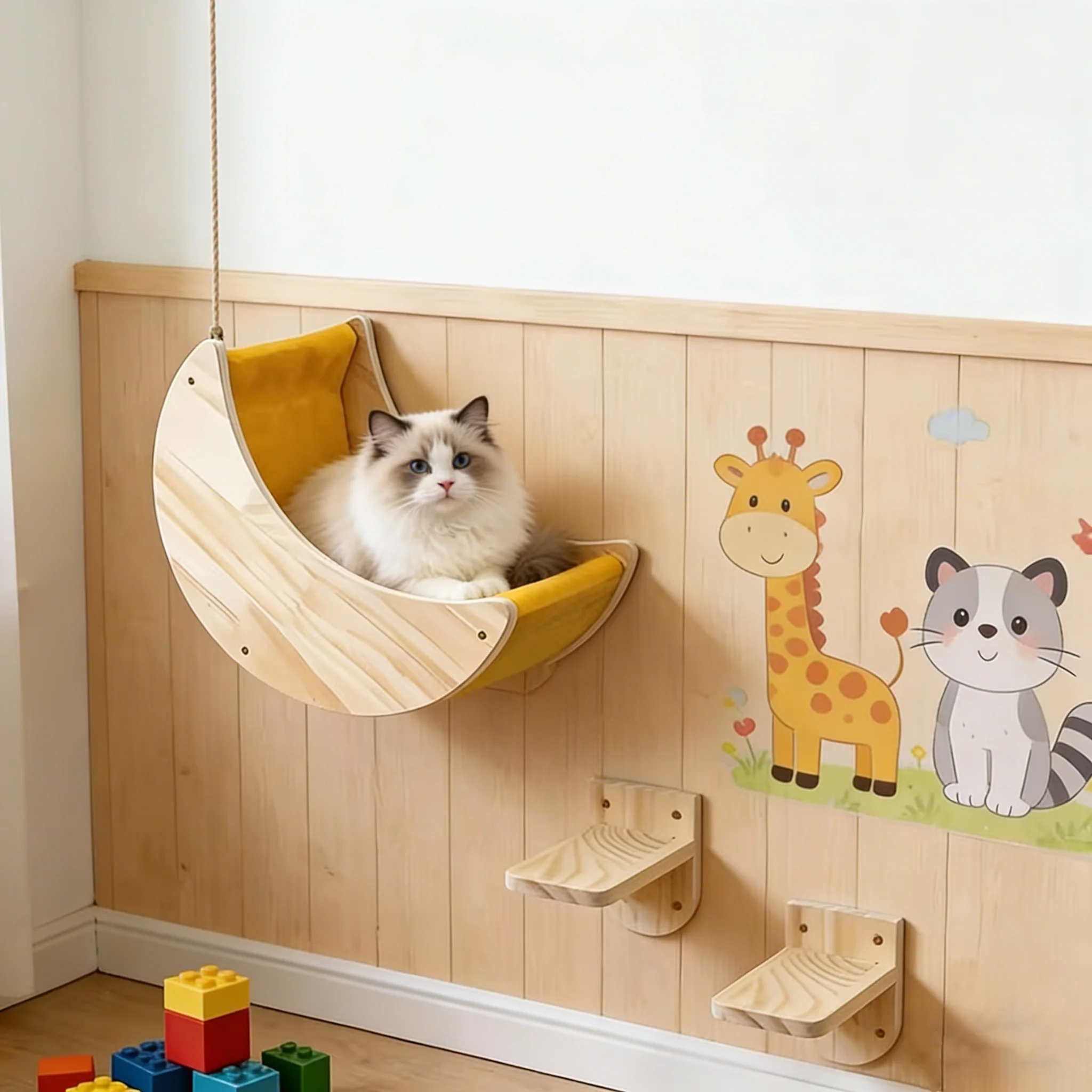 Muebles de pared para gatos con hamaca, cama luna y escalera de madera