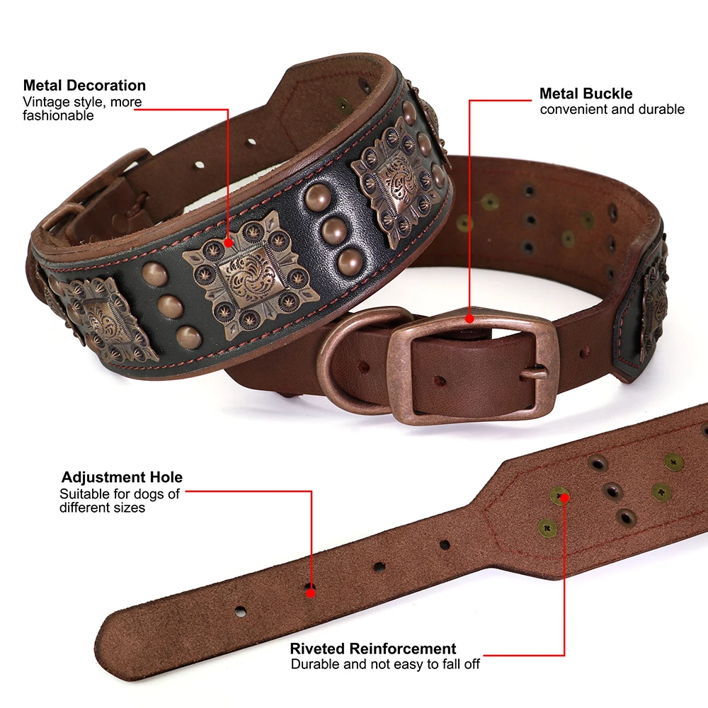 Collar ancho de cuero auténtico para perro, conjunto de correa, collares para perros grandes acolchados duraderos, Collar para mascotas con remaches de Metal de lujo con cuerda para perros Pitbull - imagen 4